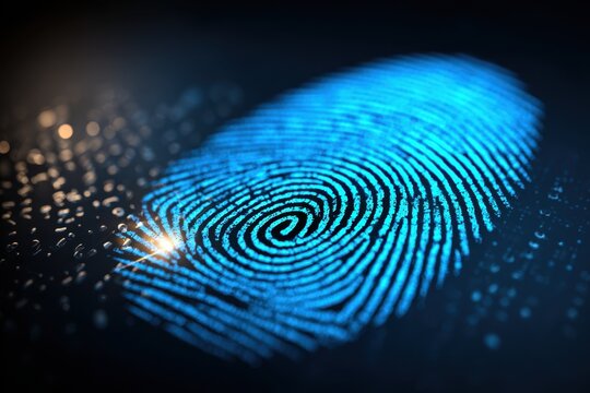 Close up of a digital fingerprint scan with blue light for security system analysis, biometric identification and personal verification concept illustrated background. - Powered by Adobe