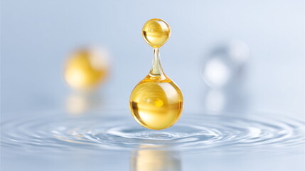 Golden liquid drop falling into water, creating ripples. Concept of skincare, hydration, or oil extract. Advertising design.