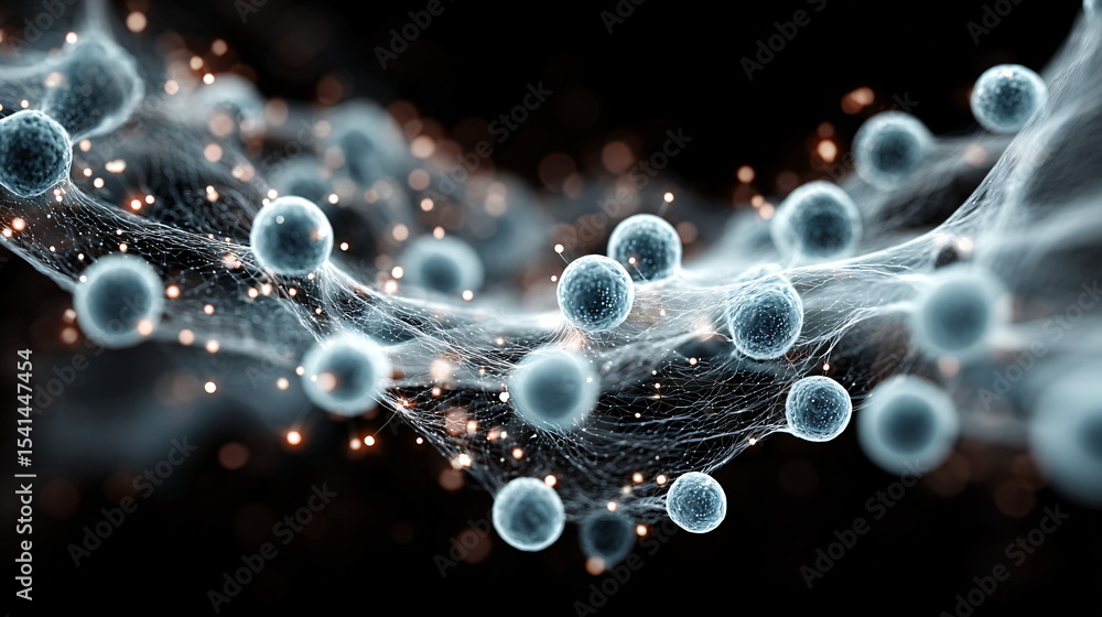 Poster microscopic view of cell connected by net of neurons. science and medical research in neuroscience a