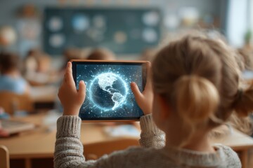 A young student learns about global connectivity using a tablet in the classroom, with a digital Earth displayed on the screen and other children blurred in the background.