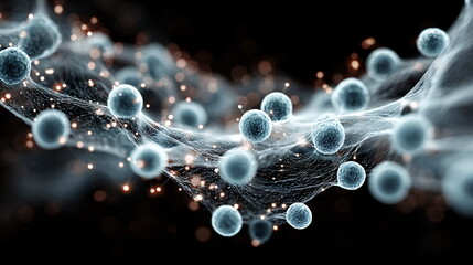 Microscopic view of cell connected by net of neurons. Science and medical research in neuroscience and human biology.