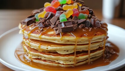 Stacked pancakes drenched in caramel sauce, topped with chocolate chips and colorful gummy candies