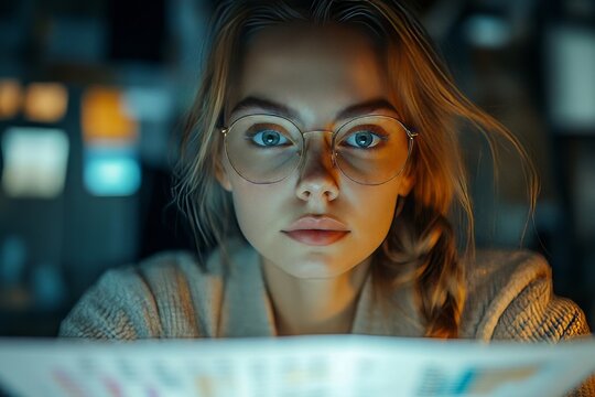 Businesswoman engaging in creative brainstorming and data analysis at night, working late into the evening to create innovative solutions, Generative AI - Powered by Adobe