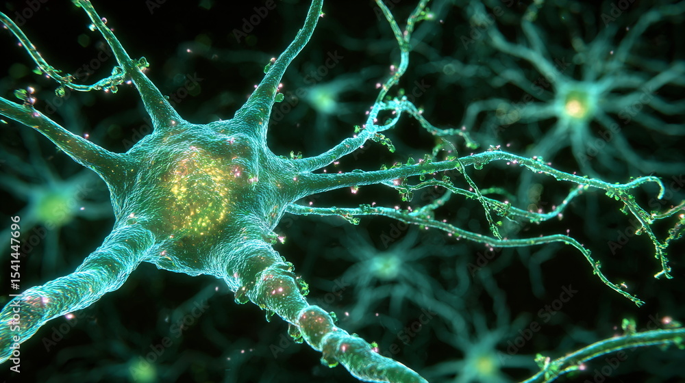 Poster close up view of a neuron and its dendrites revealing synaptic activity. brain cell communication fo