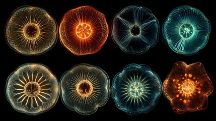 Group of abstract bioluminescent marine organisms with glowing light. Aquatic microorganism representing alien life. Scientific research into microbiology.