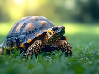 Obraz premium Slow and steady A tortoise traversing a lush meadow