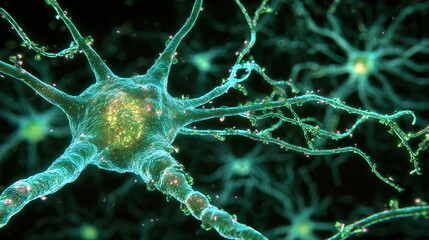 Close up view of a neuron and its dendrites revealing synaptic activity. Brain cell communication for neurology and neurobiology research.