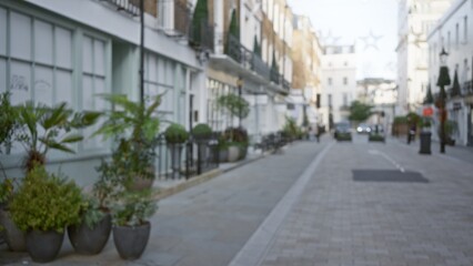 Fototapeta premium Blurred view of a quiet london street in autumn with defocused plants lining the sidewalk, capturing the bokeh from nearby buildings and a serene winter atmosphere.