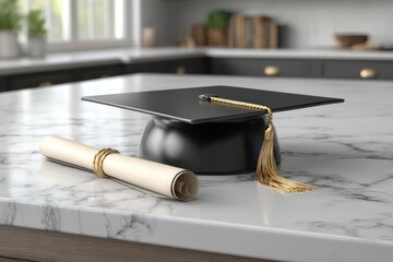 Graduation cap and diploma lying on marble countertop to celebrate academic achievements, symbolizing successful completion and new beginning for future leaders.