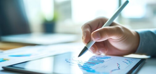 The hand holding a stylus drawing graphs on a digital tablet in an office setting.