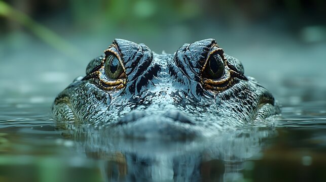 A watchful alligator rests in the misty swamp its eyes and snout visible above the waterline