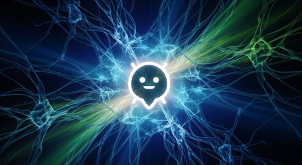 Artificial intelligence bot face with abstract neuron connection background. Futuristic machine learning network concept for technology.