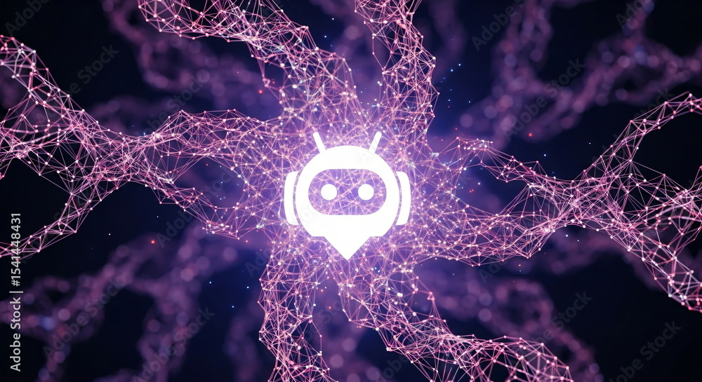 Poster abstract brain neuron cells with a cheerful cartoon bubble icon in the center. concept of artificial