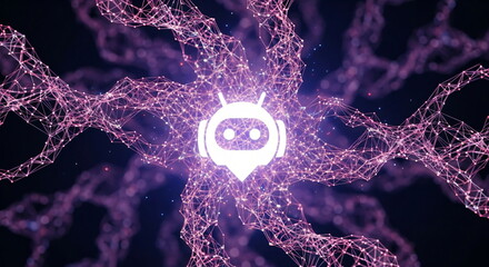 Abstract brain neuron cells with a cheerful cartoon bubble icon in the center. Concept of artificial intelligence and innovation.