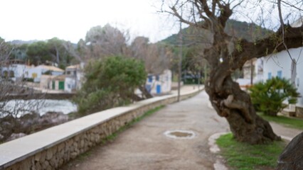 Defocused view of a tranquil promenade in mallorca showcasing blurred trees and a stone pathway...