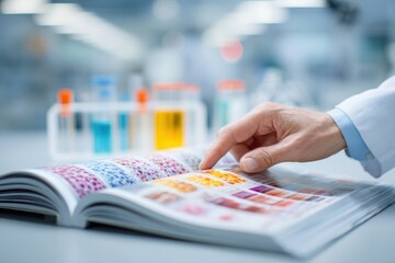 Close-up shot of scientist's hand pointing at color swatches in a reference book, in a lab, with test tubes containing blue and yellow liquid in background.