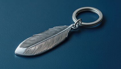 A metallic key fob shaped like a feather