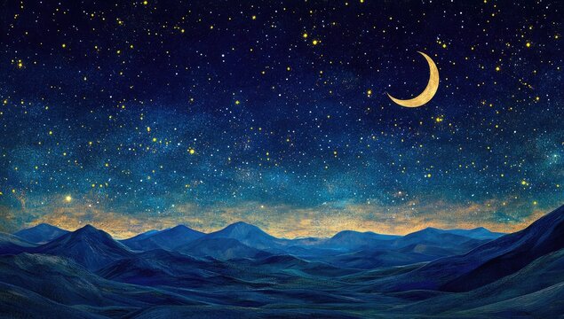 Starry night over a mountain range. Crescent moon