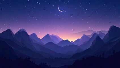 Nighttime mountain range, crescent moon, starry sky. Silhouetted mountain peaks and valleys, soft, muted color palette of blues and purples, suggesting twilight or dawn.