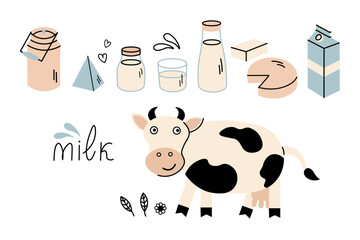 Milk and milky items doodle. Vector set with dairy product, cow, cottage cheese, glass with drink, bag, butter, can, leave and paper bottles. Design for label, logo, sign, wrapping, icon. Food drinks
