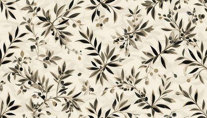 Fototapeta premium Floral Pattern with Branches and Berries on Textured Beige Background