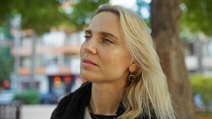 Woman looking thoughtful in outdoor urban setting, highlighting mature blonde beauty in city park...