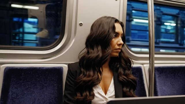 Woman on subway works with focus. Business travel scene in urban setting. Train commute used for productive work. Focused woman types while traveling. Subway transforms into work zone