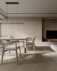 Beige living room interior with dining table and chairs on hardwood floor. Light wooden drawer with modern books and stylish decoration. 3D rendering