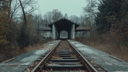 Abandoned train tracks disappearing into a weathered terminal tunnel. Evokes feelings of decay, travel, mystery, and forgotten pathways.