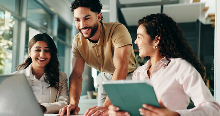 Naklejka na ściany i meble Laughing, meeting and colleagues with tablet, collaboration and humor for project, group and office. Happy, marketing coordinator and people with tech for campaign, teamwork and employees with jokes
