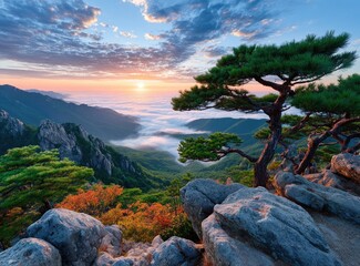 Obraz premium The sunrise over the mountains, with misty clouds and autumn foliage in full swing on top of the rocky landscape