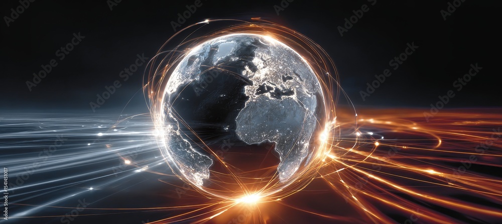 Poster global network communications with light streams visualizing modern connectivity and interactions
