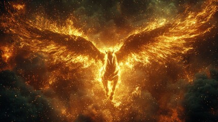 Fiery winged horse soaring through a smoky sky