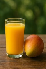 Fresh mango juice and ripe mango on a wooden table with green bokeh
