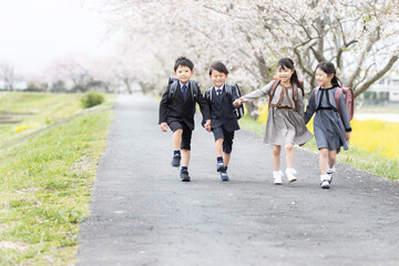 手を繋いで歩く新一年生