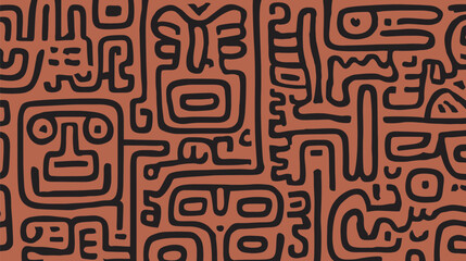 Fototapeta premium Black mazes form tribal pattern over terracotta backdrop