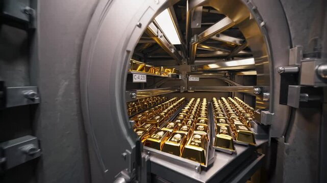 Vaults filled with gold bars showcase wealth and security in a high-tech facility