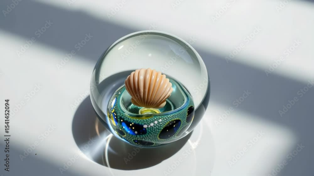 Poster a decorative glass orb with a seashell and colorful patterns inside sits on a sunlit surface casting