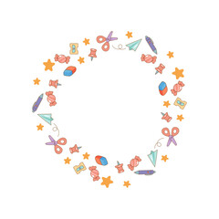 Circular frame with school supplies and candy icons