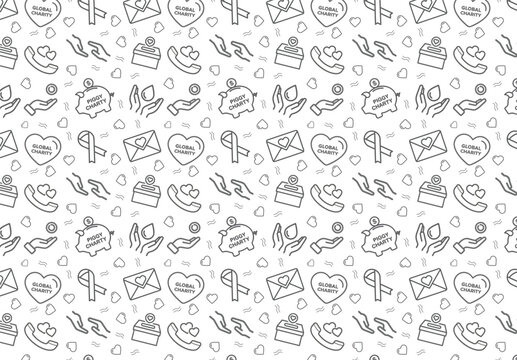  Seamless pattern with charity icon set. charity and donation icon set, Help, volunteer, donated assistance, sharing, and solidarity symbol. Solid icons vector collection.