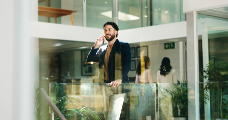 Business man, happy and phone call at startup with smile for contact, lead or negotiation at...