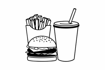 Hamburger fries and soda outline illustration