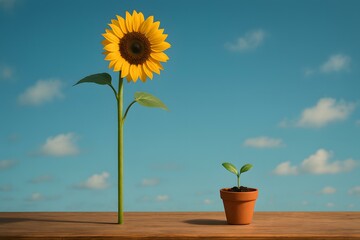 Obraz premium A Simple Illustration of Height Contrast Between a Tall Sunflower and a Small Sprout with a Clear Blue Sky Background and Soft Clouds