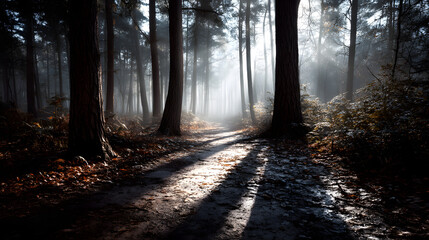Fototapeta premium A nostalgic retro postcard of a fog-covered forest, where soft light filters through the trees, creating a serene and magical ambiance.