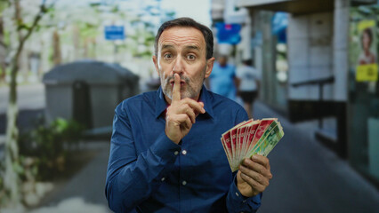 Man holding israeli banknotes quietly in urban park setting with thoughtful expression that implies...