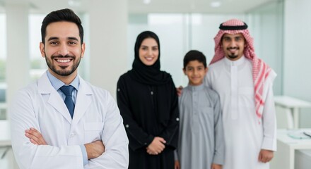 Saudi arab gulf emirate doctor with happy saudi family in hospital clinic