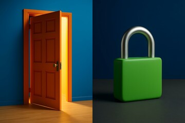 Conceptual Image of Open Door Symbolizing Opportunities and Closed Padlock Representing Security and Privacy in Modern Spaces, Open and Closed Concept