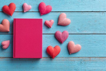 A book with a pink cover lies on a turquoise wooden background. There are decorative hearts around it.