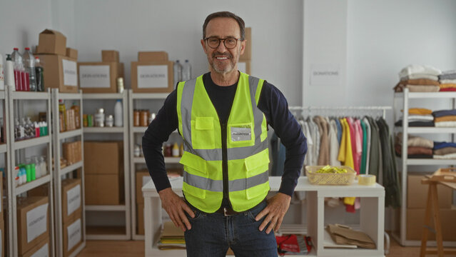 Man in charity center wearing safety vest surrounded by shelves of donations and clothes showcasing mature volunteer effort indoors.
