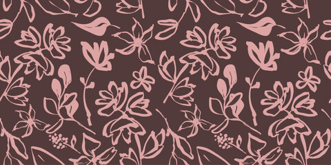 Seamless floral pattern, Artistic botanical background, outline of flowers, leaves, twigs, Simple line minimalistic  Repeat floral print
